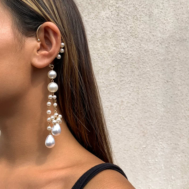 Long Tassel Imitation Pearl Ear Clip Earrings for Women – European & American 2025 Trendy Niche Non-Pierced Fashion Jewelry