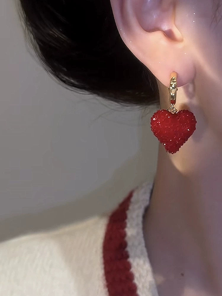 Candy Red Peach Heart Earrings for Women – Copper Alloy Retro Hong Kong Style Fashion Earrings