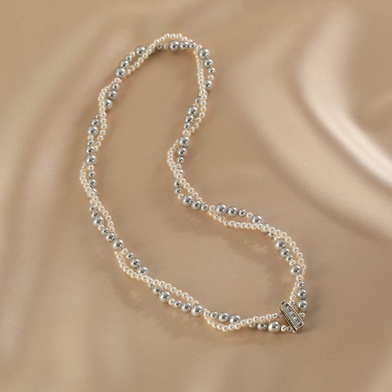 Multi-Color Pearl Double Layer Choker Necklace for Women – Stacked Clavicle Chain