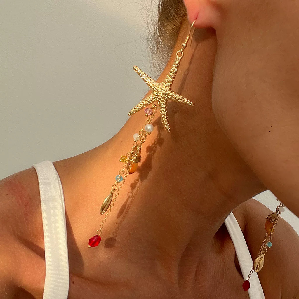 Irregular Crystal Starfish Shell Earrings for Women – 2025 Summer Seaside Vacation Fashion Jewelry Travel Accessories