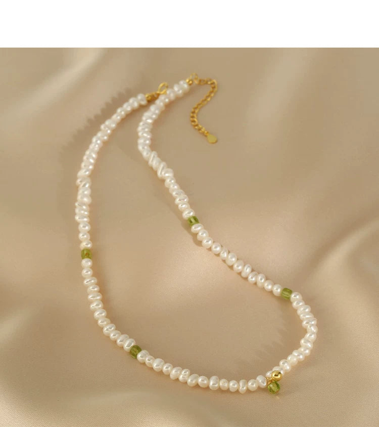 Natural Peridot and Freshwater Pearl Double Layer Clavicle Necklace for Women – Layered Stone and Pearl Necklace