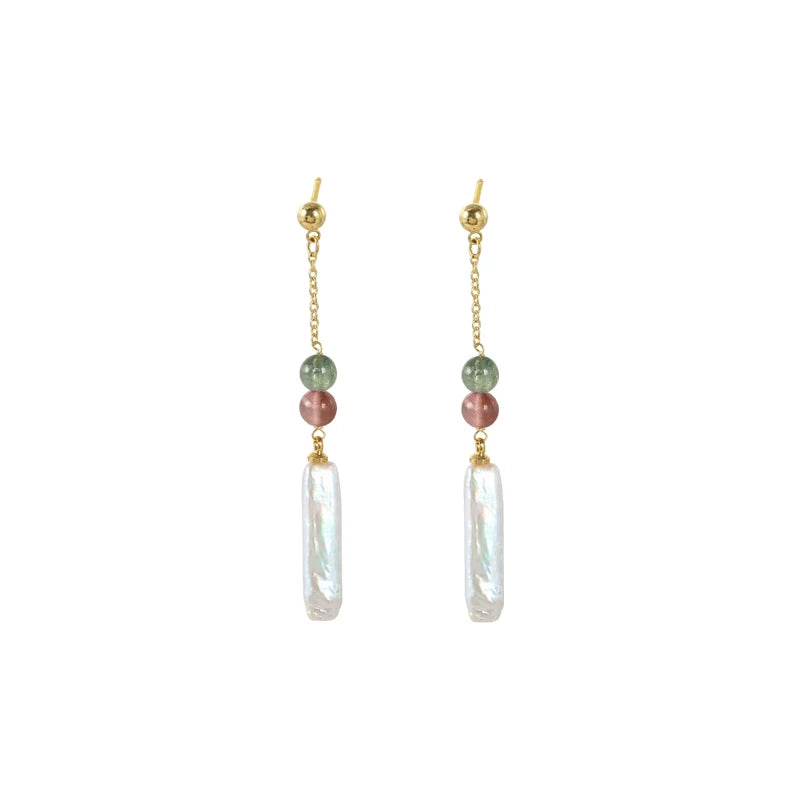 Chinese Style Baroque Pearl Tassel Earrings for Women – Long Drop Natural Pearl Tourmaline Earrings