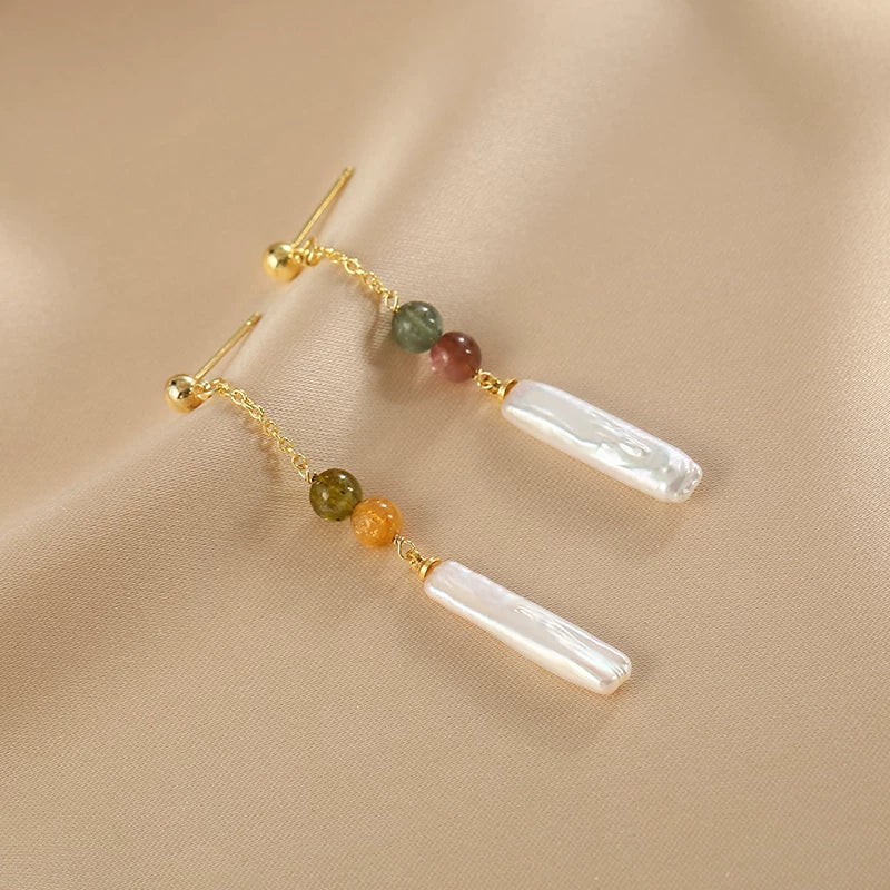 Chinese Style Baroque Pearl Tassel Earrings for Women – Long Drop Natural Pearl Tourmaline Earrings