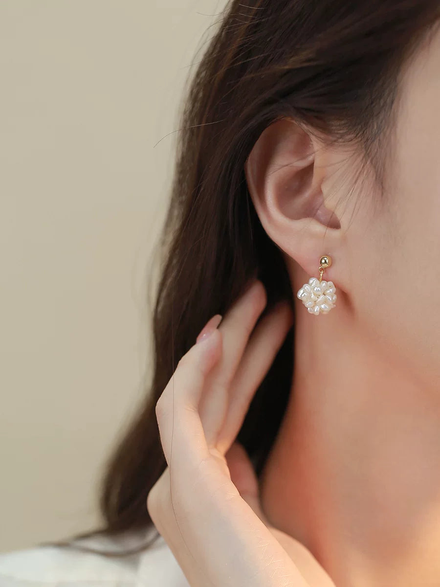 Natural Pearl Flower Earrings for Women – French Style Millet Bead Braided S925 Silver Needle Earrings