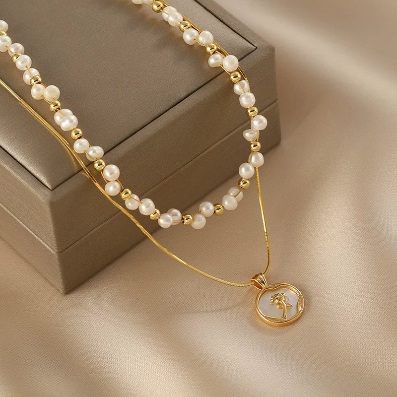 Baroque Pearl Double Layer Braided Necklace for Women – Rose Flower Pendant Clavicle Chain
