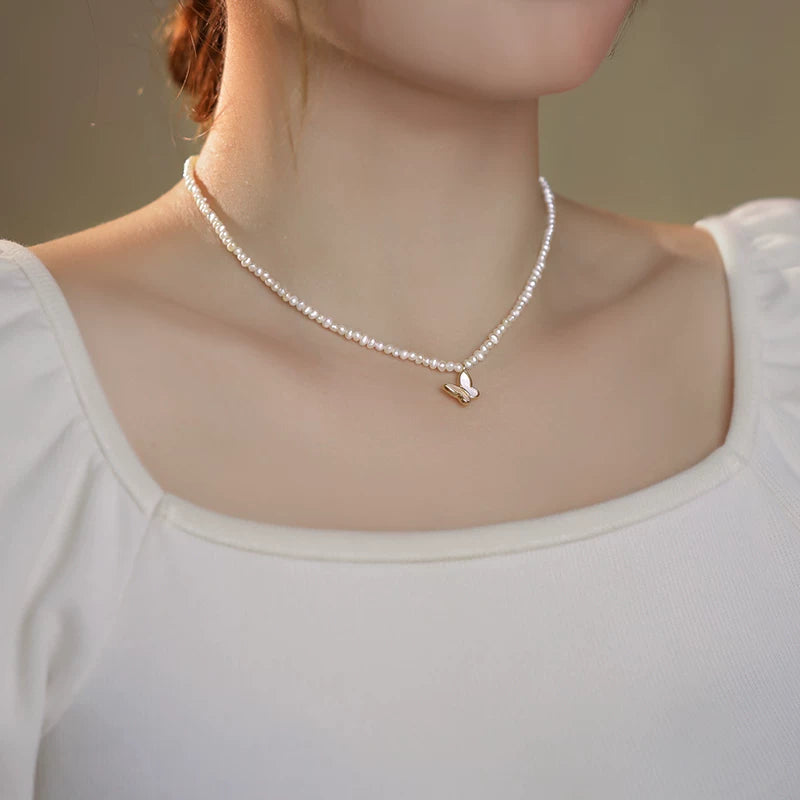 Millet Pearl Butterfly Clavicle Necklace for Women – Natural Freshwater Pearl Fashion Necklace