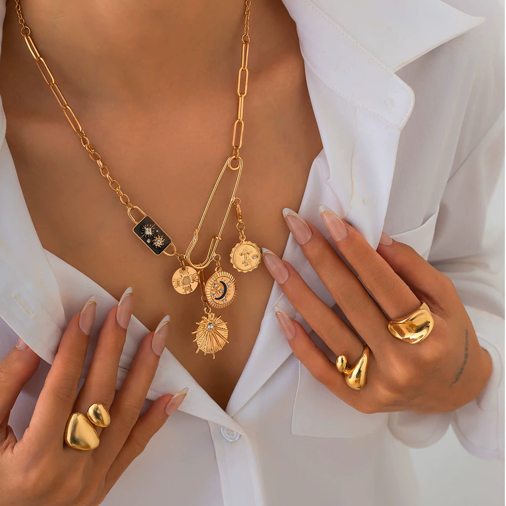 Star & Moon Round Pin Cross Necklace for Women – Asymmetric Clavicle Chain Design