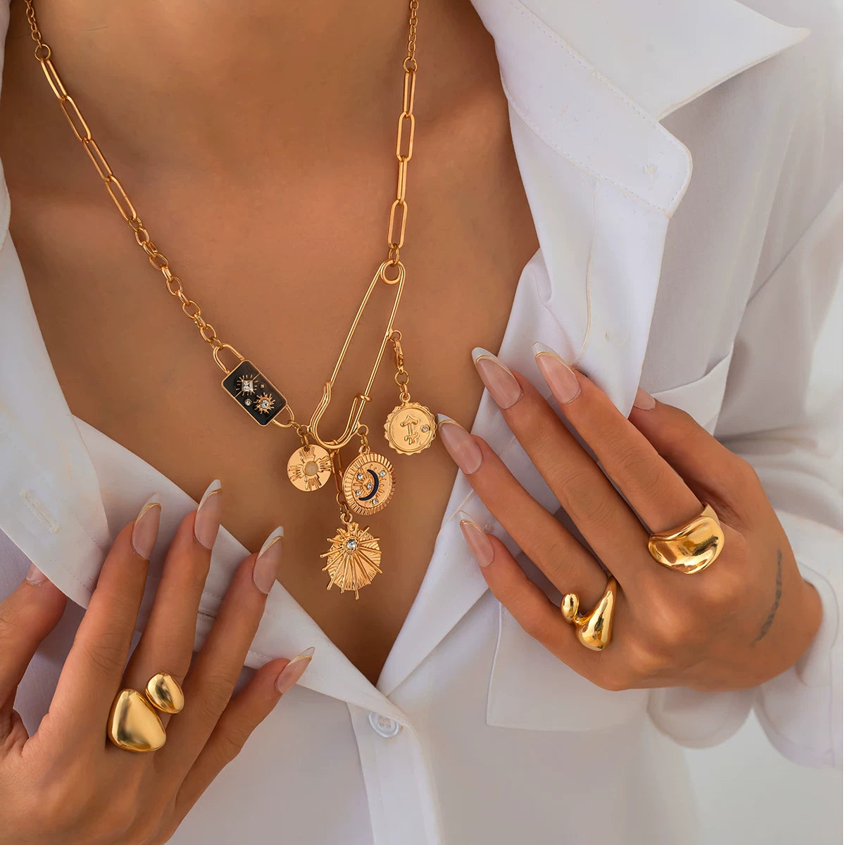 Star & Moon Round Pin Cross Necklace for Women – Asymmetric Clavicle Chain Design