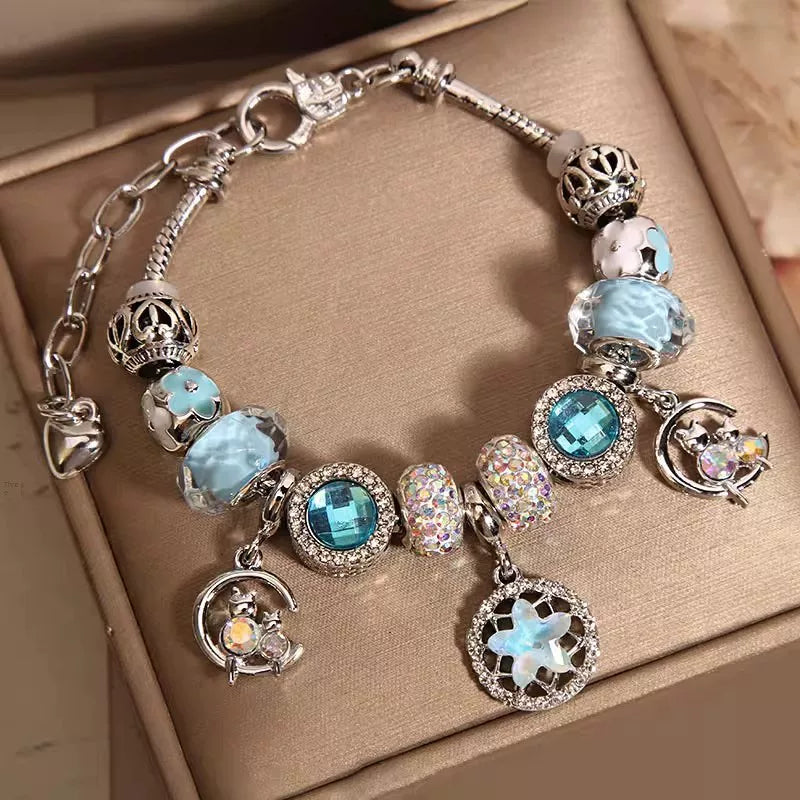 French-Style Blue Glass Bead Five-Pointed Star Bracelet for Women – Minimalist Retro Fashion Charm Jewelry