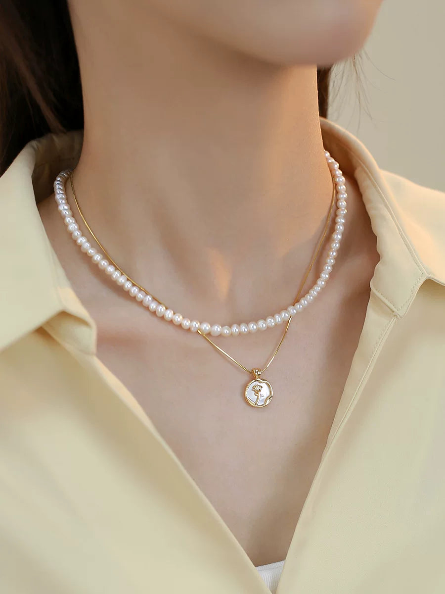 Double Layer Natural Freshwater Pearl Necklace for Women – Rose Pendant Clavicle Chain Fashion Necklace