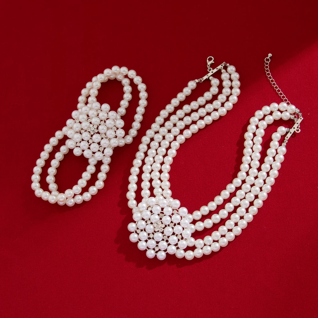 Diamond-Encrusted Hollow Multi-Layer Imitation Pearl Bracelet Necklace For Women, Hip-Hop Exaggerated Fashion Personality Photo Accessories