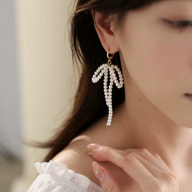 Natural Pearl Asymmetrical Bow Tassel Hoop Earrings for Women – Long Drop Fashion Earrings