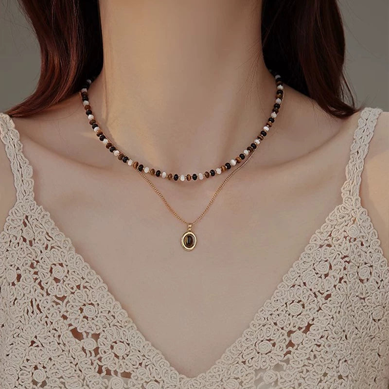 Natural Tiger Eye Stone Colorful Beaded Necklace for Women – Vintage Style Fashion Necklace