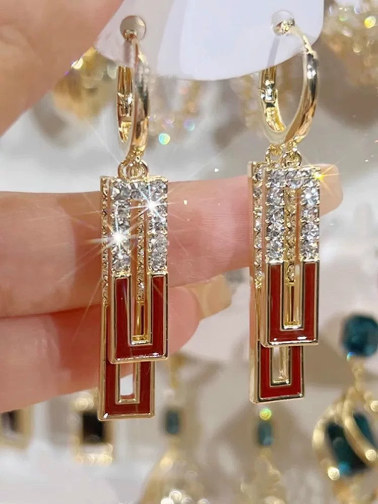 Clearance Red Enamel-Style Sparkling Earrings for Women – Gold-Tone Fashion Jewelry Accessories