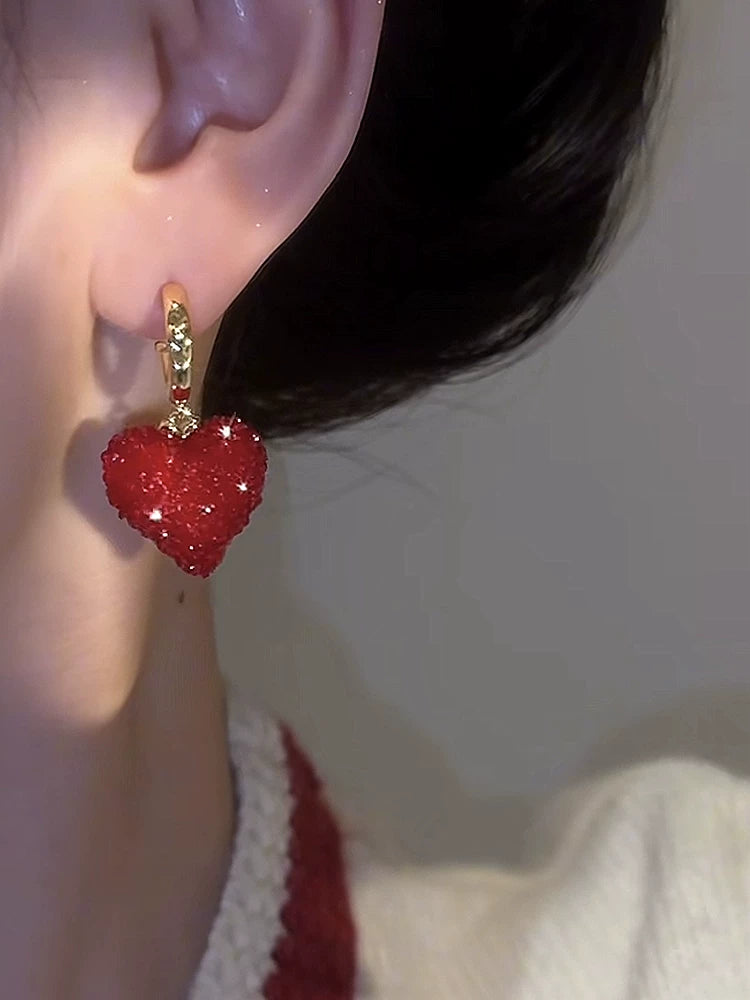 Candy Red Peach Heart Earrings for Women – Copper Alloy Retro Hong Kong Style Fashion Earrings
