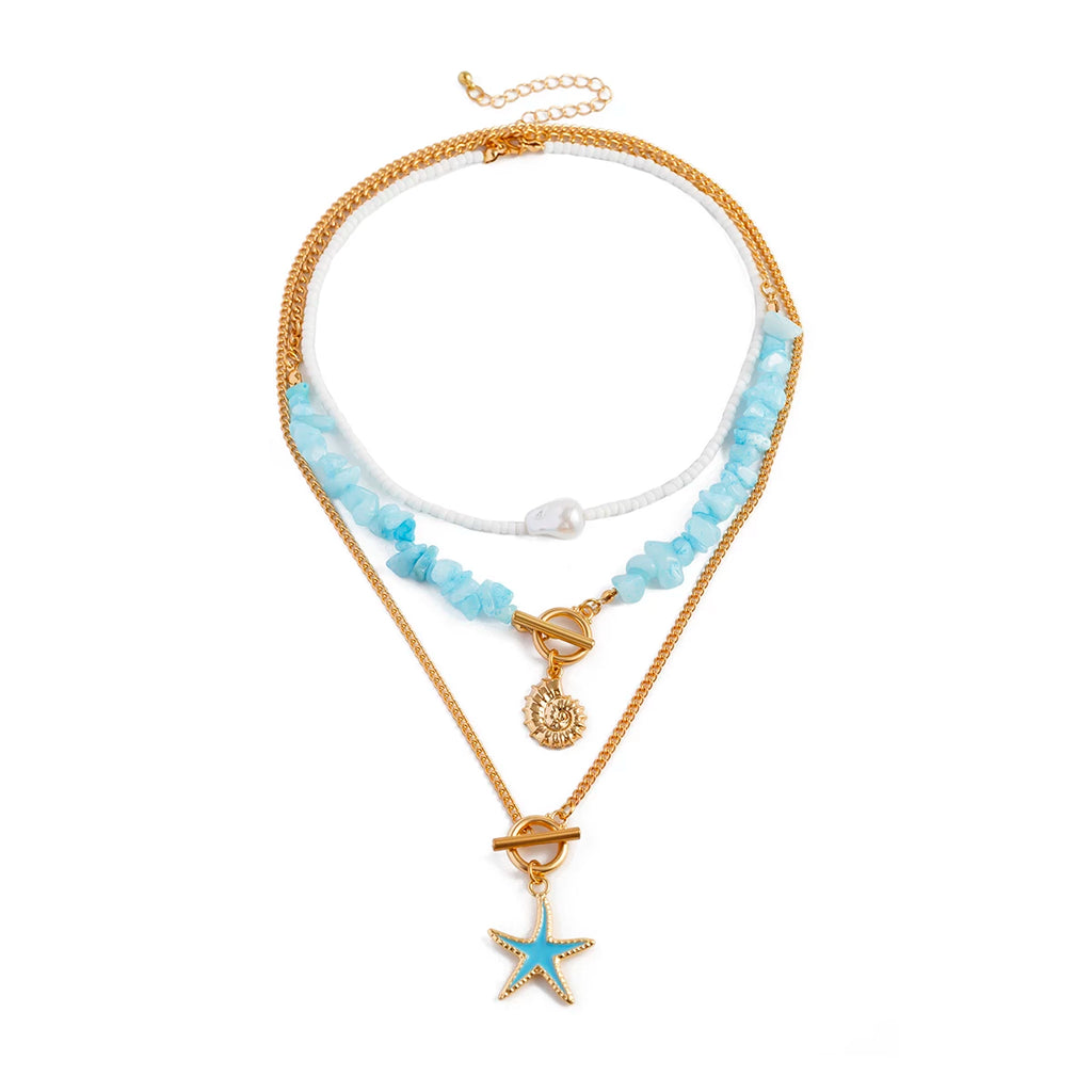 3-Piece Starfish Imitation Turquoise & Rice Bead Necklace Set – Layered Clavicle Chain Design