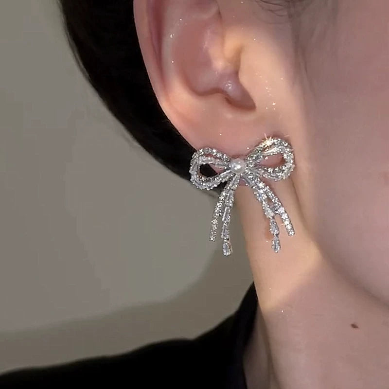 Zircon Bow Earrings for Women – S925 Silver Needle Drop Earrings, Elegant Fashion Jewelry