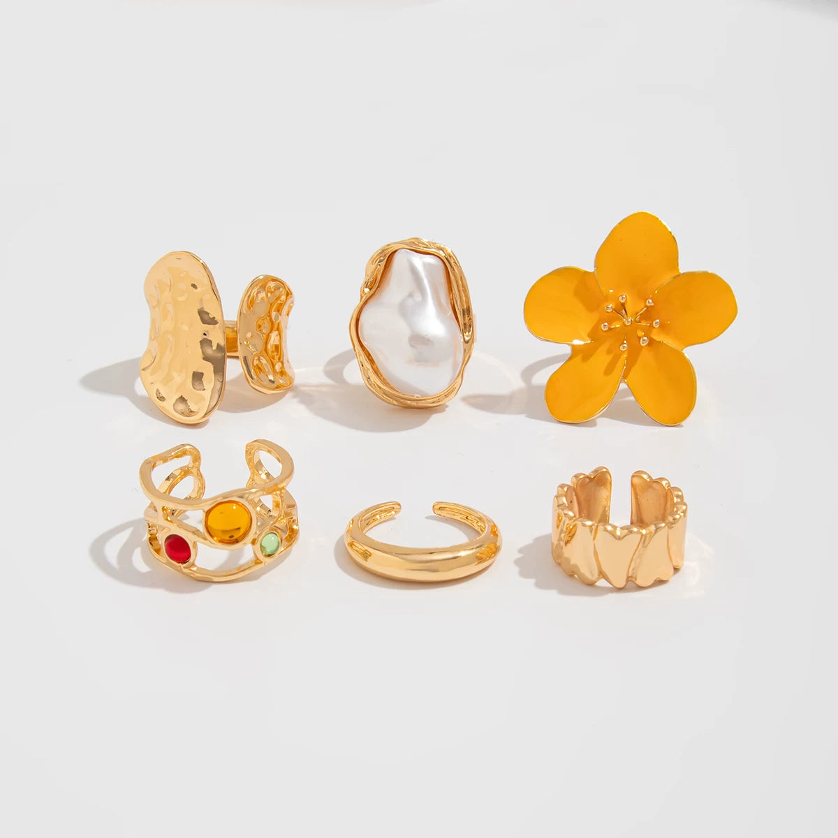 6-Piece Baroque Flower Imitation Pearl Ring Set, Trendy Personalized Fashion Internet Celebrity Style Ring Set