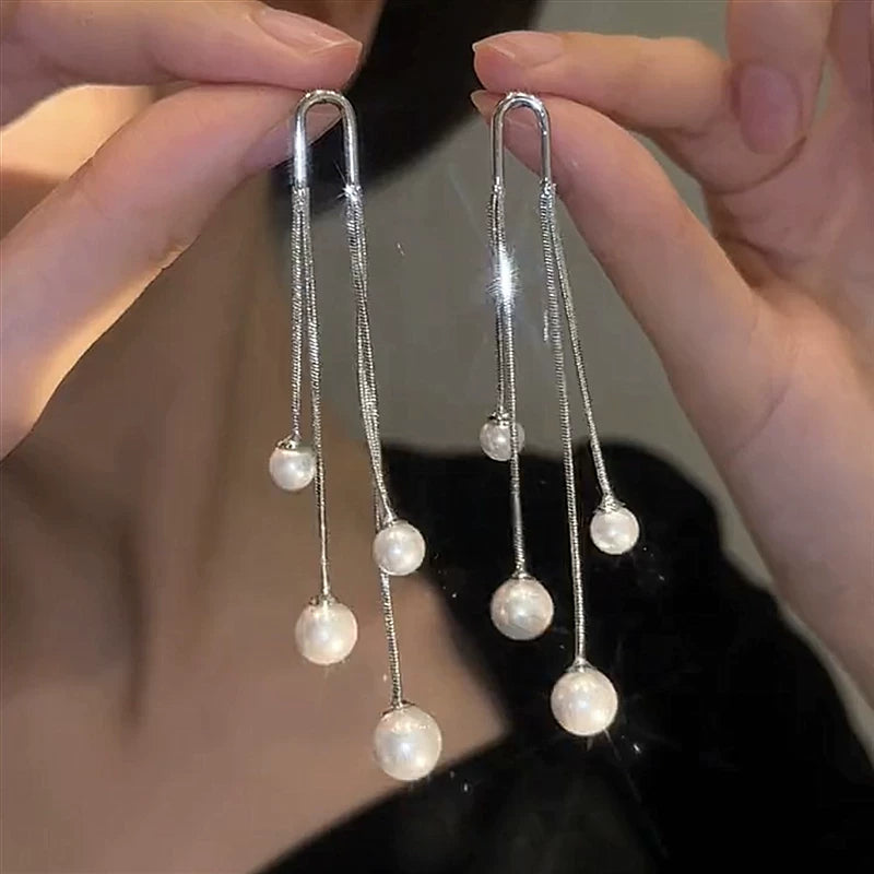 S925 Silver Needle Pearl Tassel Earrings for Women – Long Drop Korean Style Earrings, Lightweight Fashion Jewelry