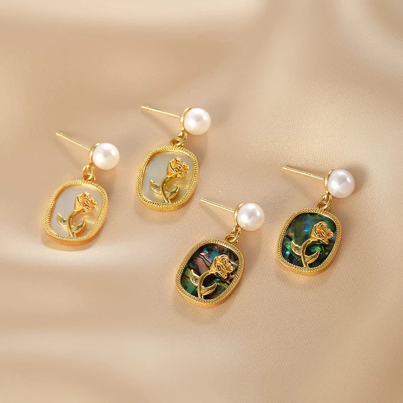 Geometric Mother-of-Pearl Earrings for Women – Rose Mirror Finish Retro Style Fashion Earrings