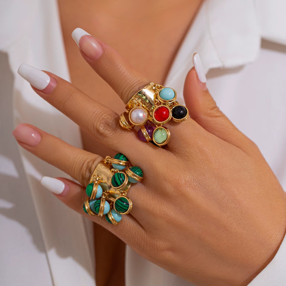 Irregular Colored Round Gemstone Ring For Women European And American Hip-Hop Trend Creative Personality Niche Design Ring