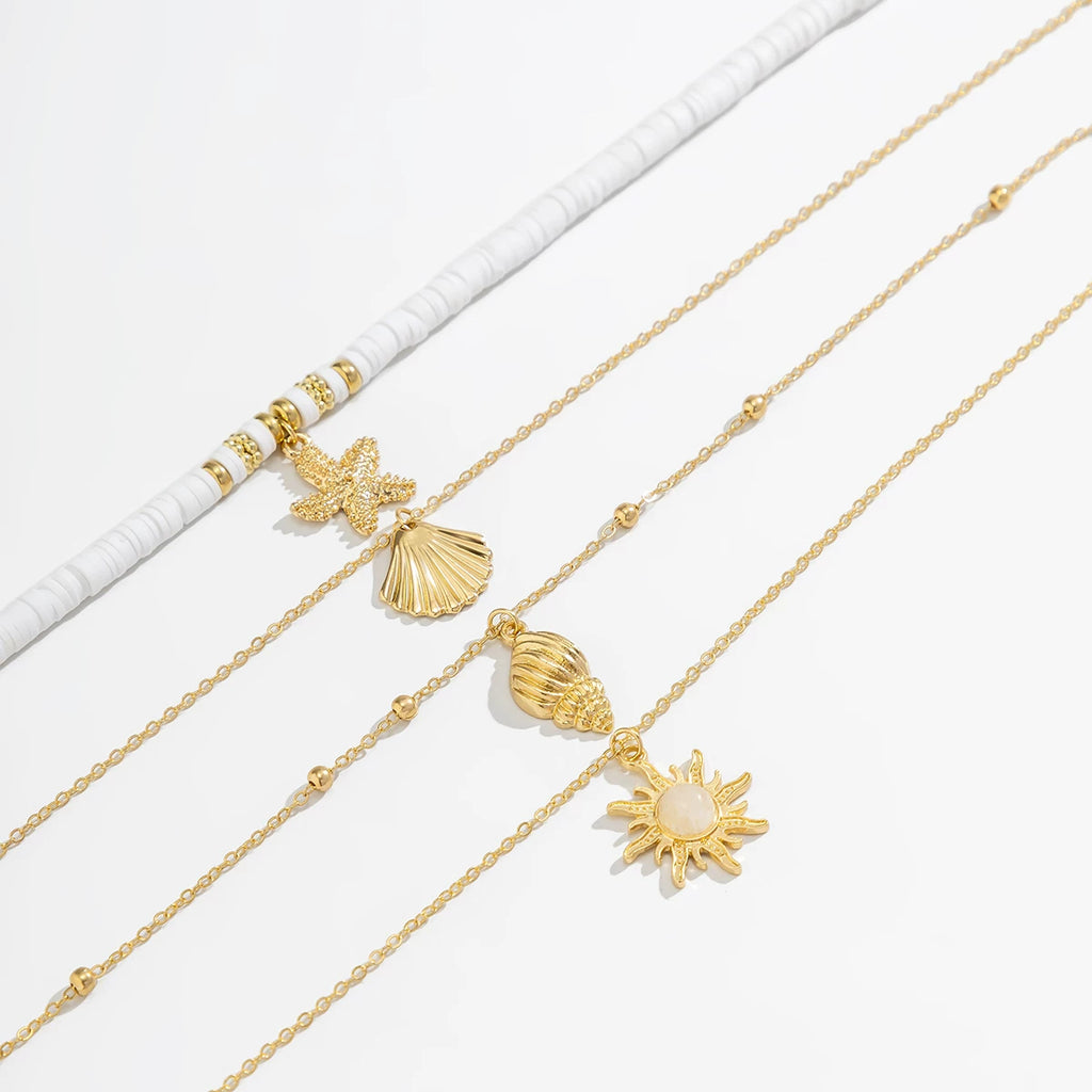 Starfish & Shell Polymer Clay Bead Chain Necklace Set – Layered Clavicle Chain Design