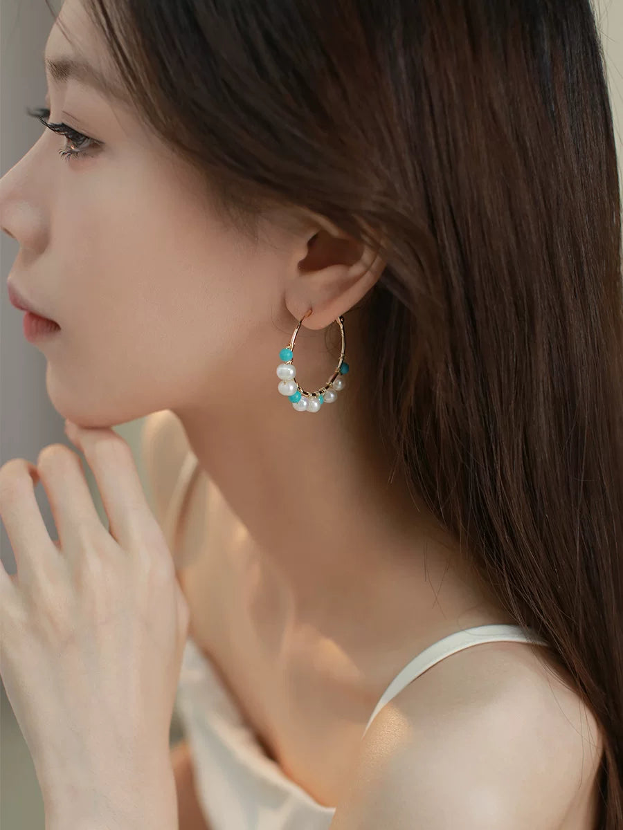 Natural Pearl Hand-Wrapped Turquoise Hoop Earrings for Women – Chinese Style Beaded Round Earrings