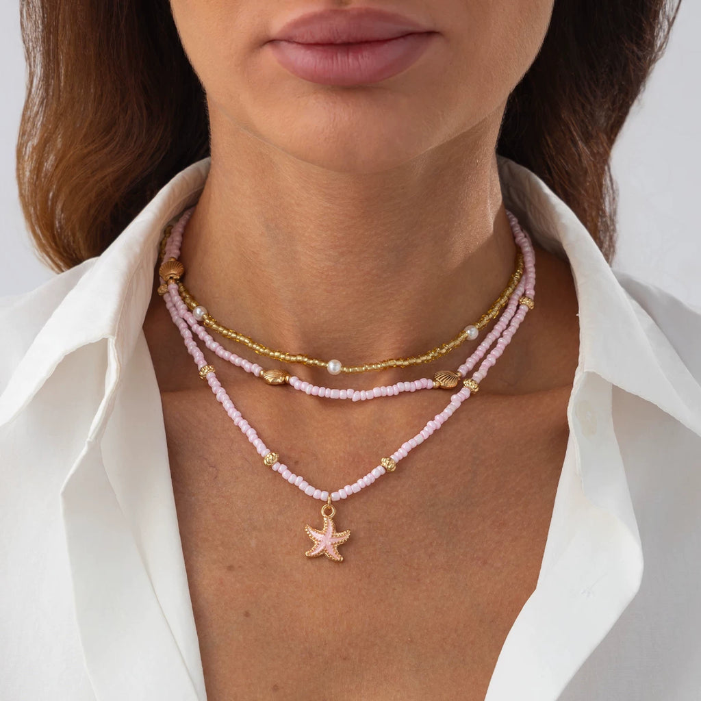 3-Piece Starfish & Scallop Rice Bead Necklace Set – Summer Beach Style for Women