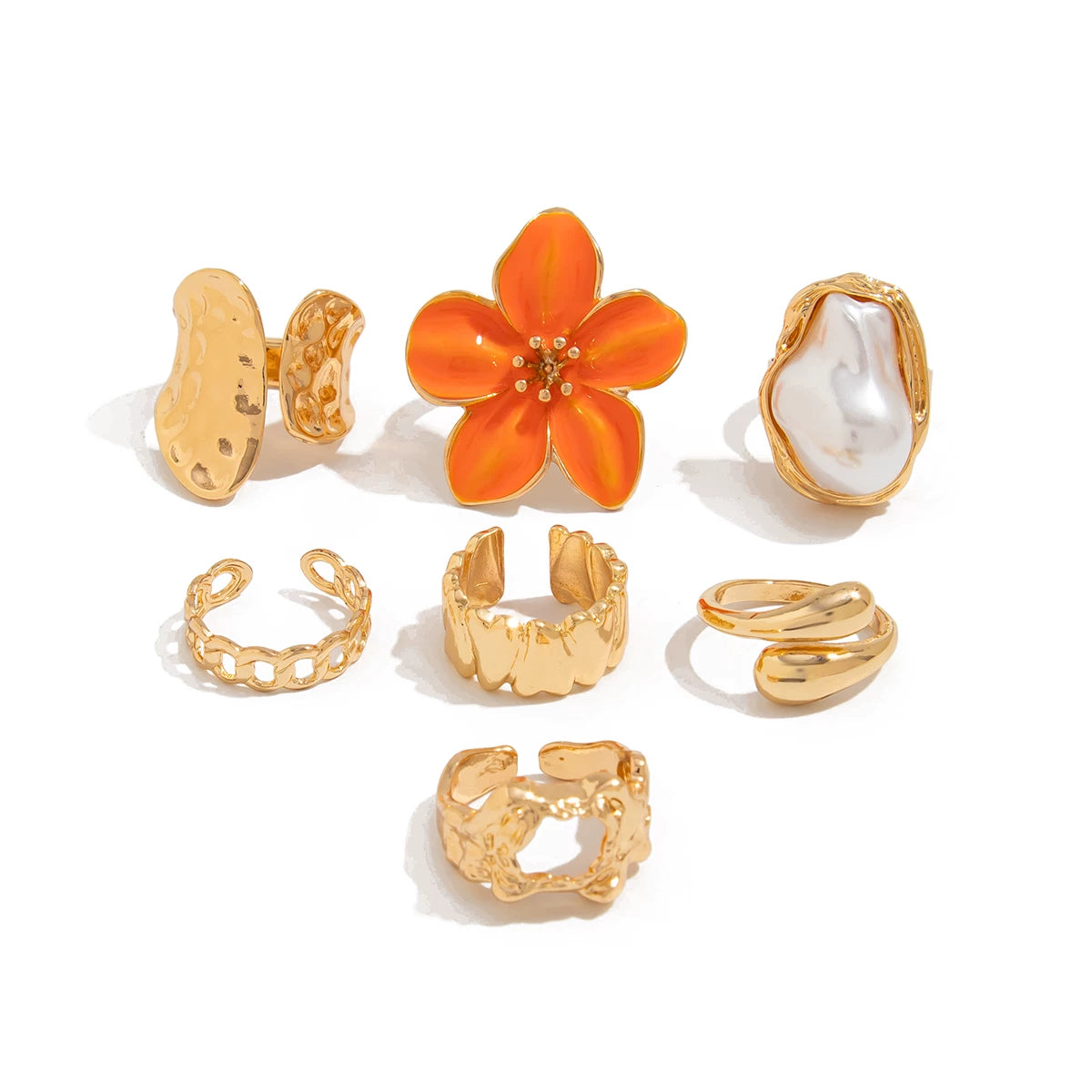 7-Piece Flower Irregular Hollow Ring Set, Summer Trendy And Personalized Niche Internet Celebrity Photo And Photo Accessories