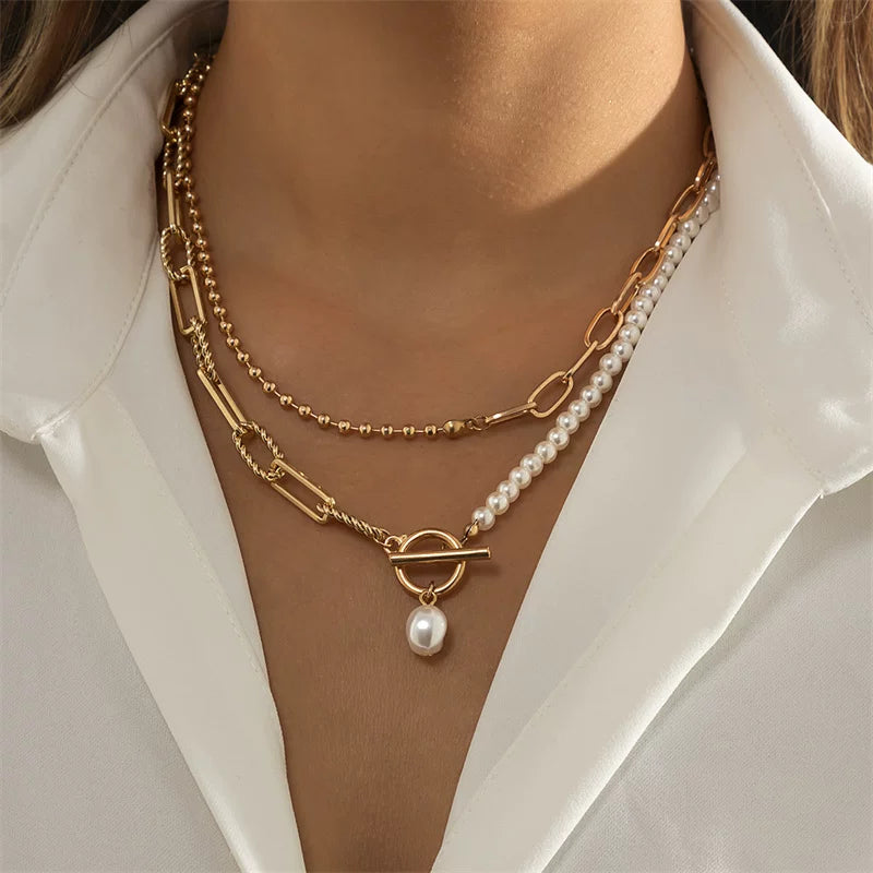Love V Double Chain Necklace for Women – European & American Trendy OT Buckle Clavicle Chain, Retro Imitation Pearl Layered Jewelry