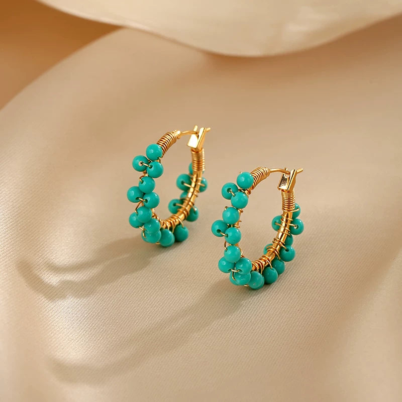 Chinese Style Turquoise Green Hoop Earrings for Women – Summer Fresh Round Fashion Earrings