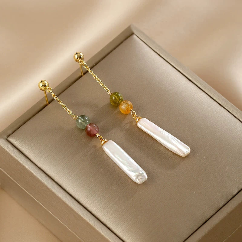 Chinese Style Baroque Pearl Tassel Earrings for Women – Long Drop Natural Pearl Tourmaline Earrings