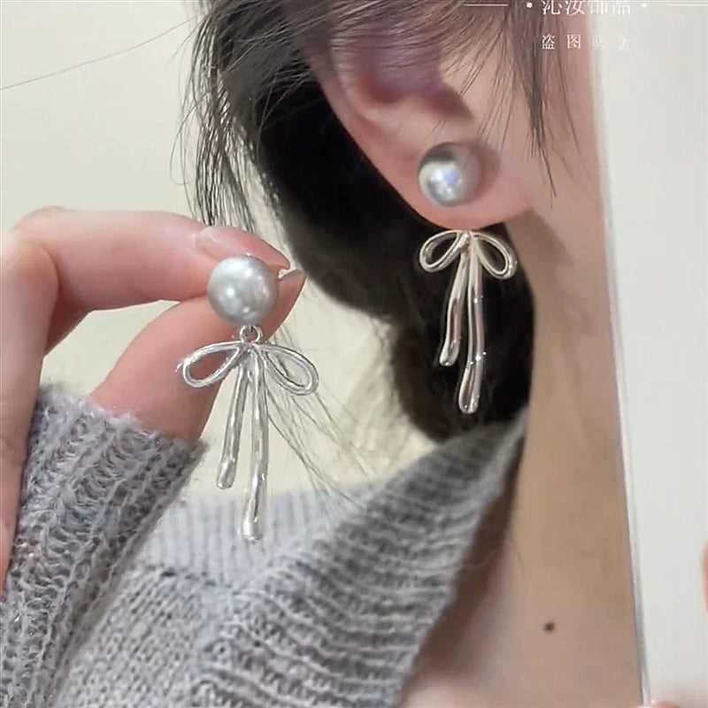 Gray Pearl Bow Tassel Earrings for Women – S925 Silver Needle Long Drop Fashion Earrings