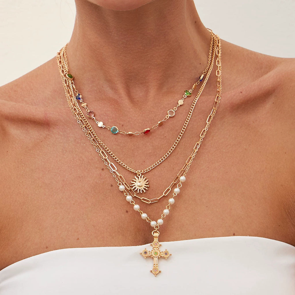 4-Piece Cross Crystal Chain Necklace Set – Layered Clavicle Chain Design