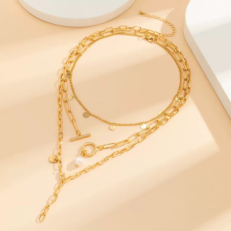 3-Piece OT Buckle Cross Chain Necklace Set – Layered Clavicle Chain Design