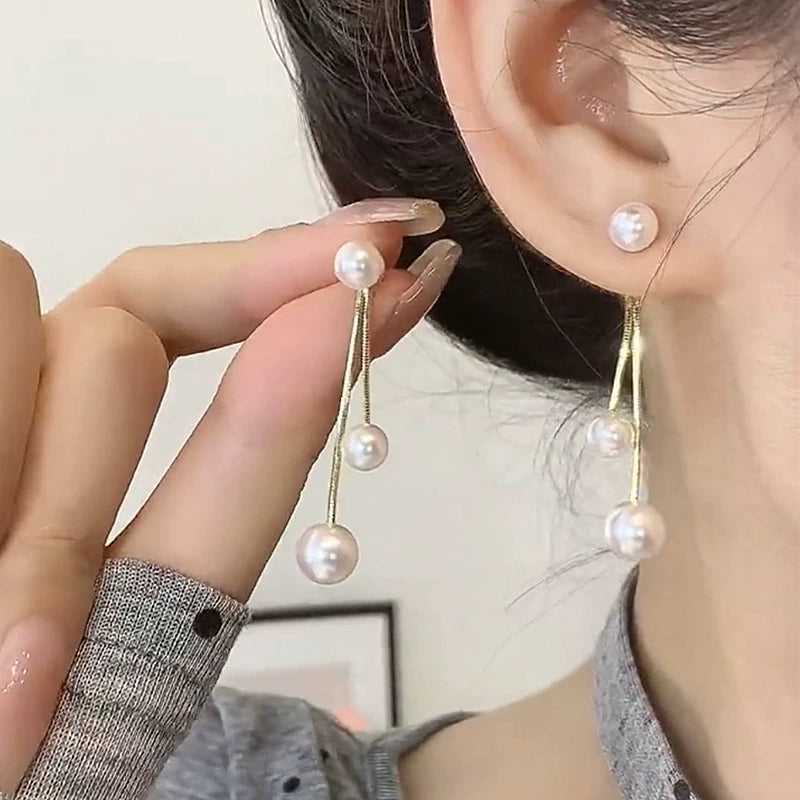 Pearl Tassel Earrings for Women – S925 Silver Needle Long Drop Korean Style Earrings