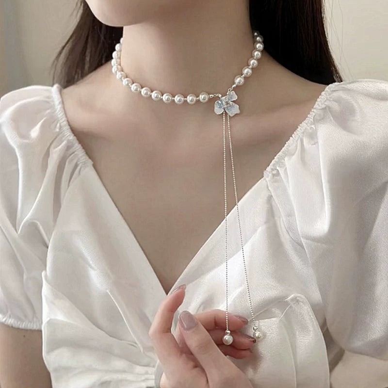 Ice Blue Iris Bead Necklace for Women – French Style Clavicle Chain, Minimalist Fashion Jewelry