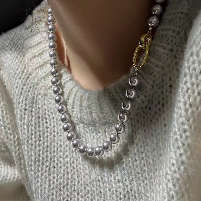 British Style Silver Gray Round Pearl Necklace for Women – Clavicle Chain Fashion Necklace