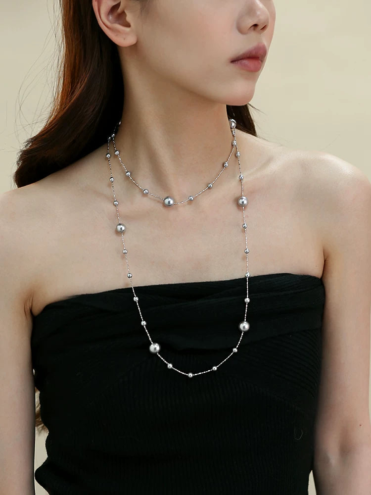 Gray Pearl Long Sweater Necklace for Women – Beaded Pearl Fashion Chain