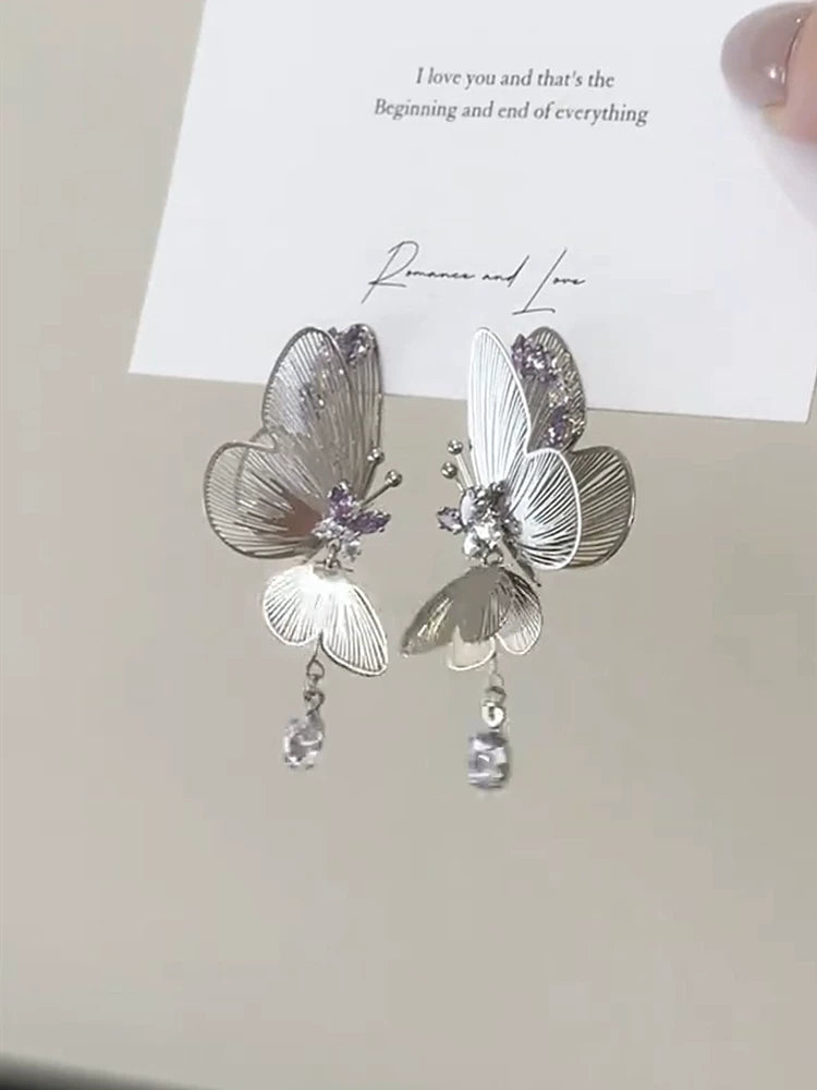 Hollow Butterfly Zircon Long Earrings for Women – S925 Silver Needle Retro Style Drop Earrings
