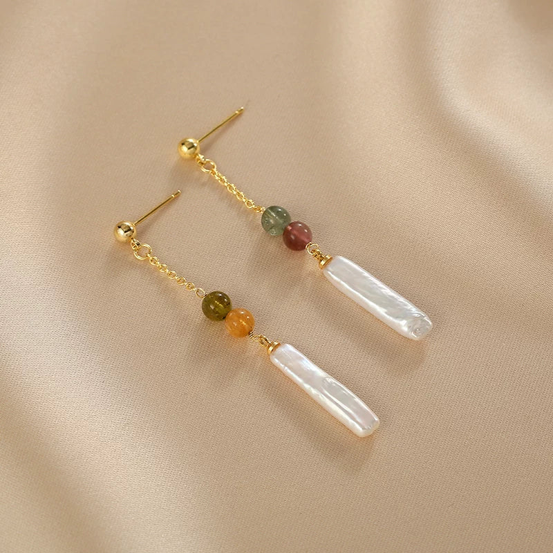 Chinese Style Baroque Pearl Tassel Earrings for Women – Long Drop Natural Pearl Tourmaline Earrings