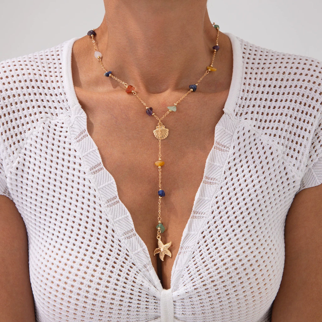 Starfish Scallop Imitation Turquoise Necklace For Women European And American Summer Fashion Sexy Versatile Internet Celebrity Matching Clothing Y-Shaped Necklace Necklace 𫔀