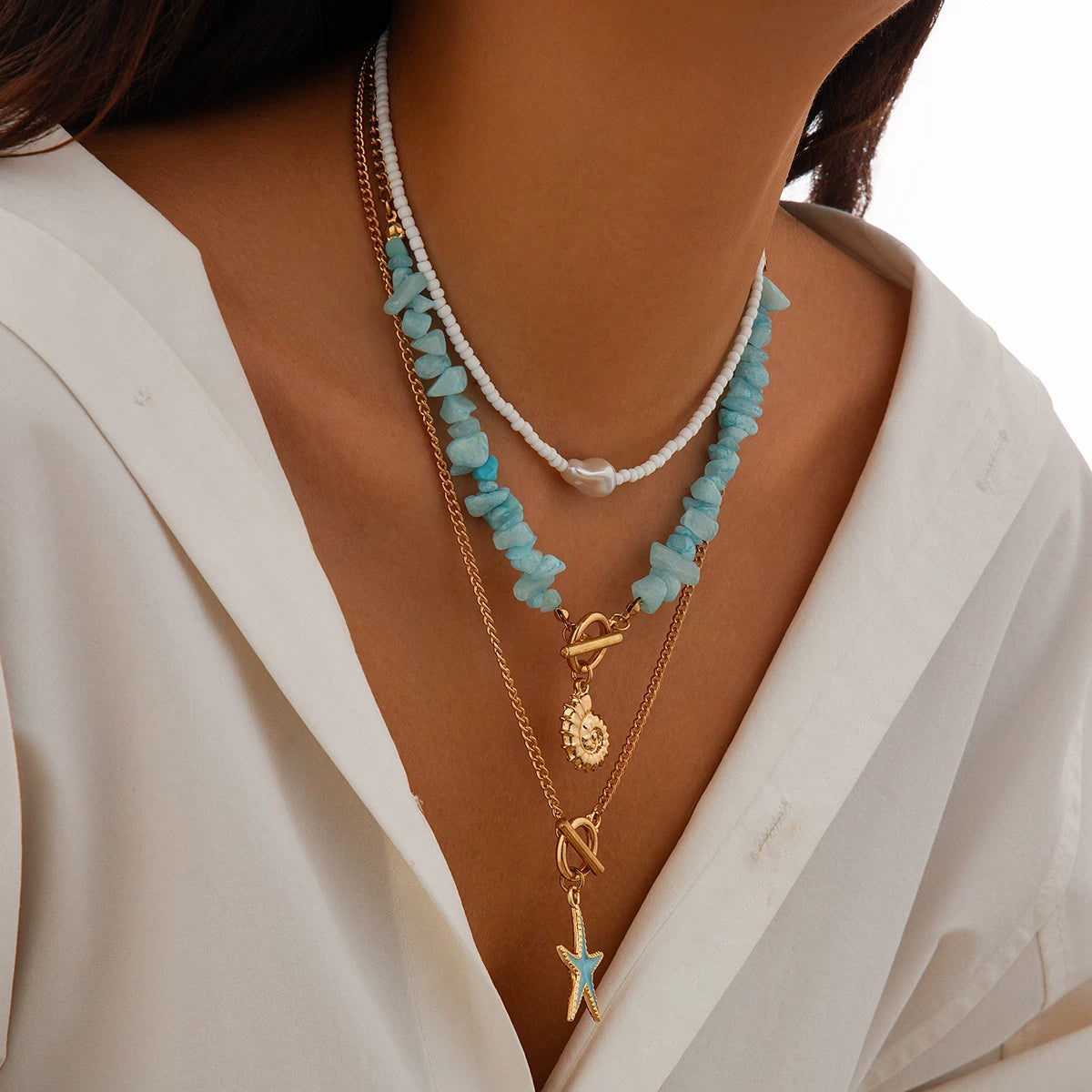 3-Piece Starfish Imitation Turquoise & Rice Bead Necklace Set – Layered Clavicle Chain Design