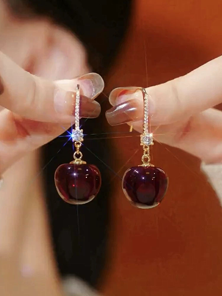 Red Cherry Earrings for Women – Silver Needle Ear Hook Earrings, Lightweight Fruit Design Fashion Jewelry
