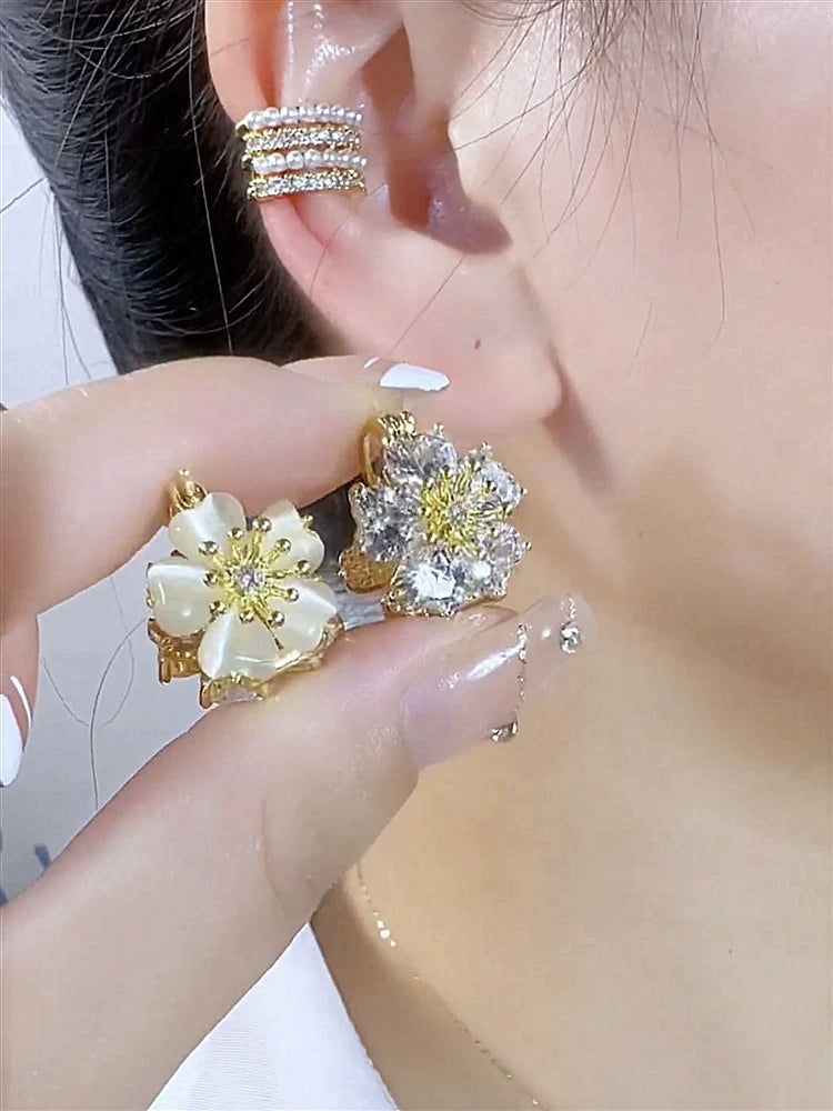 Cat Eye Zircon Flower Two-Way Earrings for Women – Ear Buckle Convertible Fashion Earrings