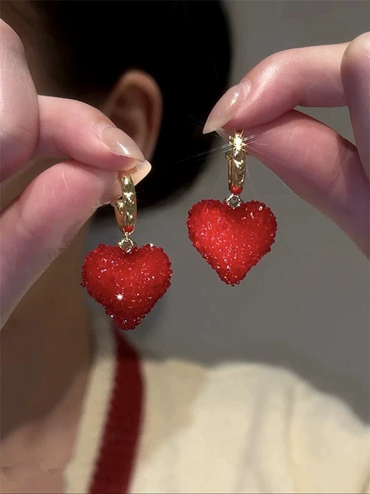 Candy Red Peach Heart Earrings for Women – Copper Alloy Retro Hong Kong Style Fashion Earrings