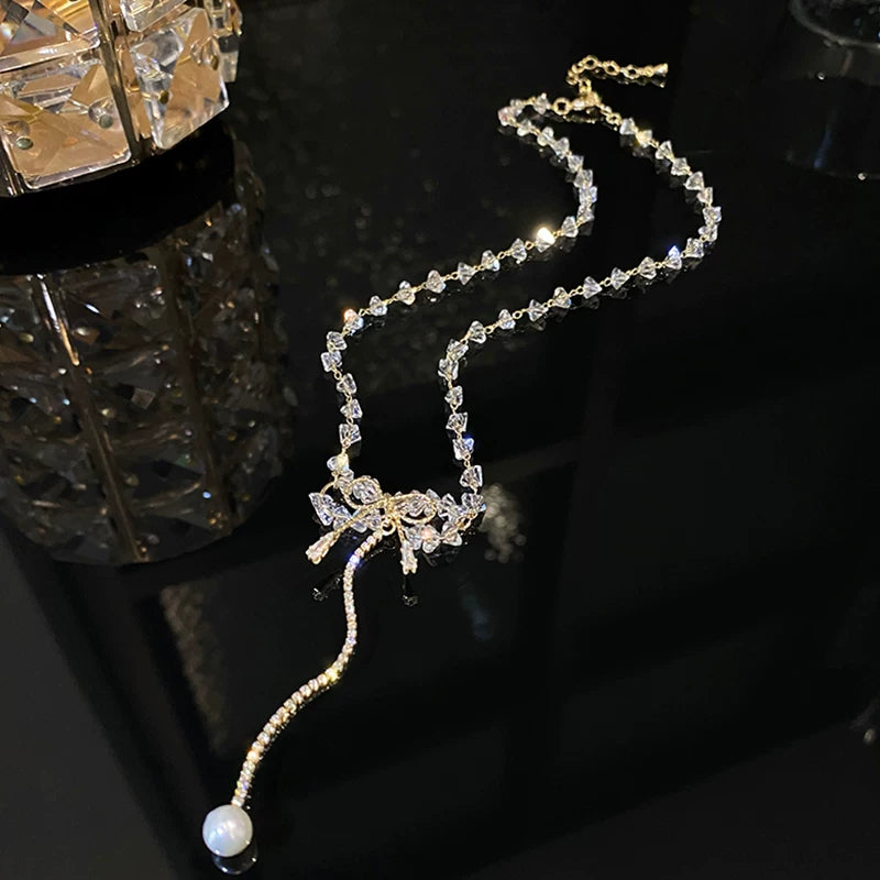 Crystal Bow Pendant Necklace for Women – Minimalist Clavicle Chain Fashion Necklace