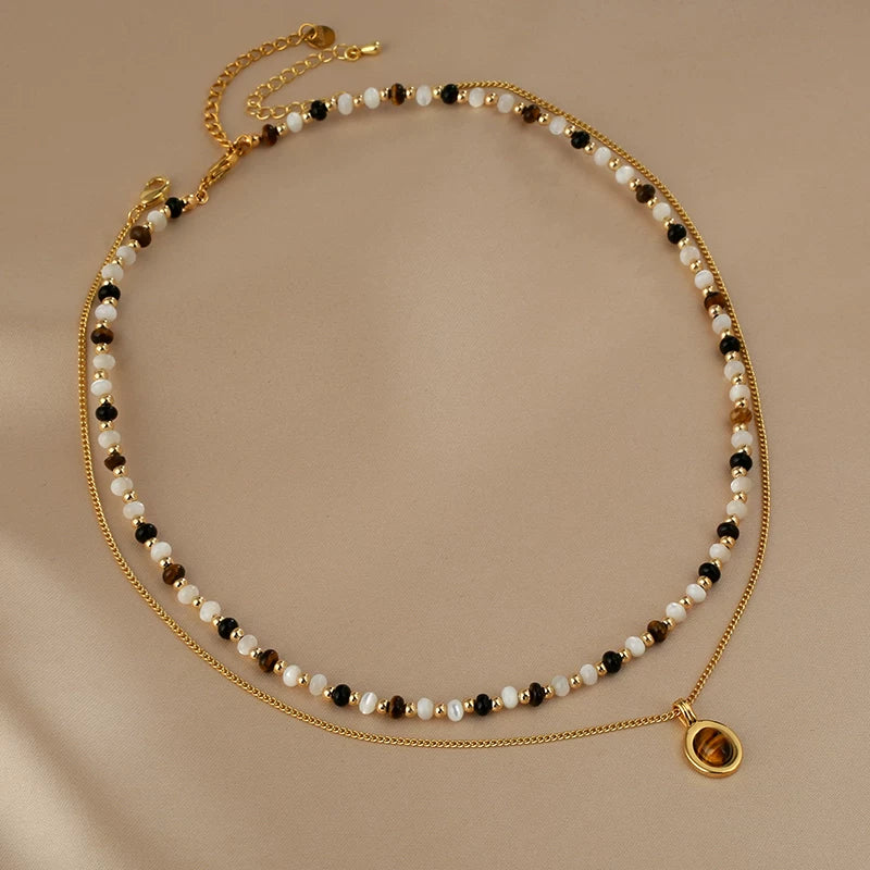 Double Layer Mother-of-Pearl Necklace for Women – Tiger Eye Stone Pendant Agate Clavicle Chain