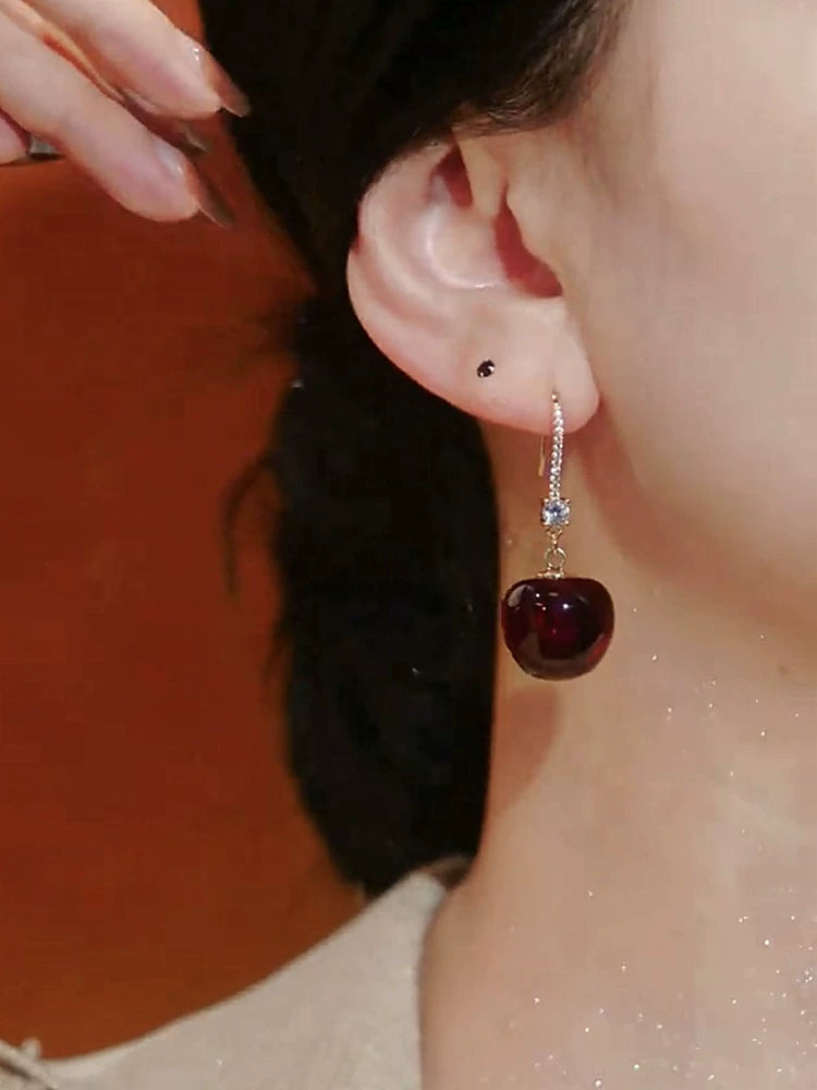 Red Cherry Earrings for Women – Silver Needle Ear Hook Earrings, Lightweight Fruit Design Fashion Jewelry