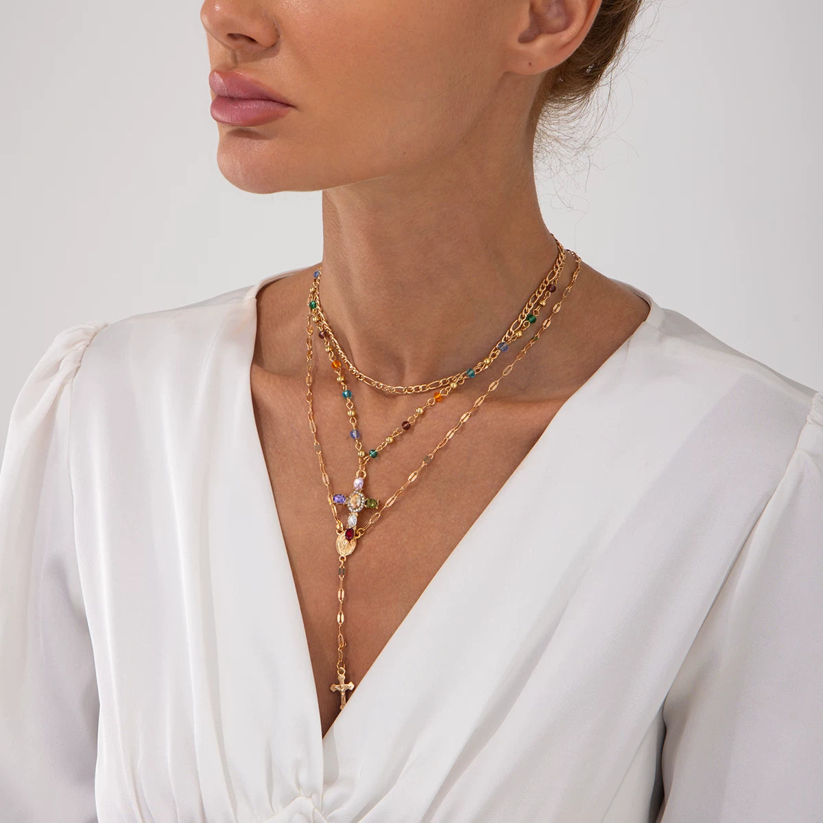 3-Piece Cross Crystal Necklace Set for Women – Layered Clavicle Chain Design